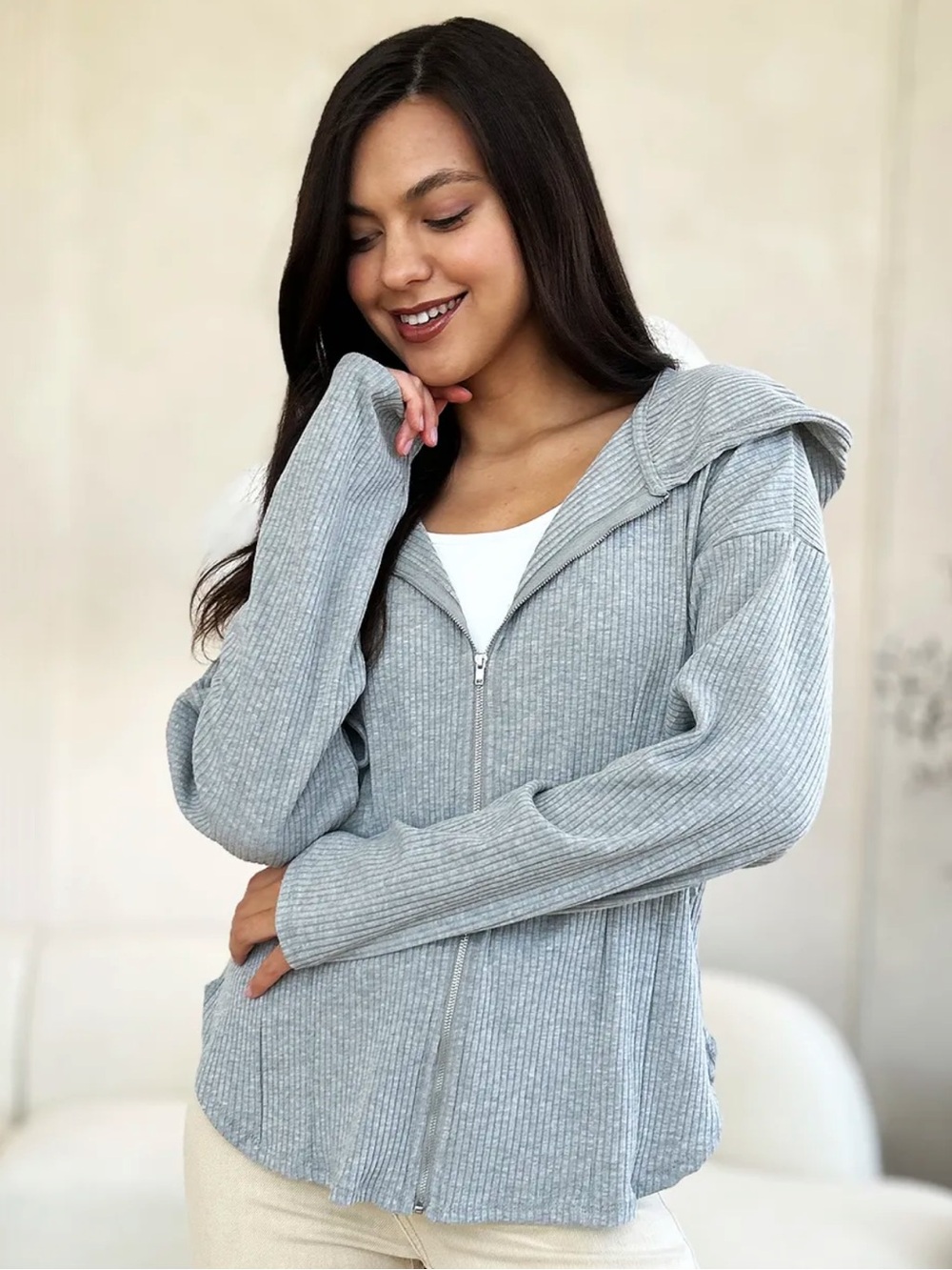 Ribbed Zip up Drawstring Hoodie Jacket